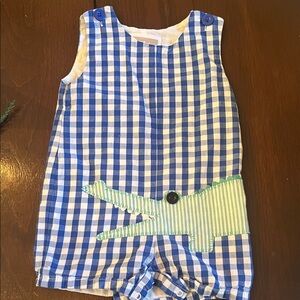 Blue Gingham Boys romper One Piece with Crocodile